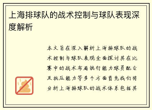 上海排球队的战术控制与球队表现深度解析
